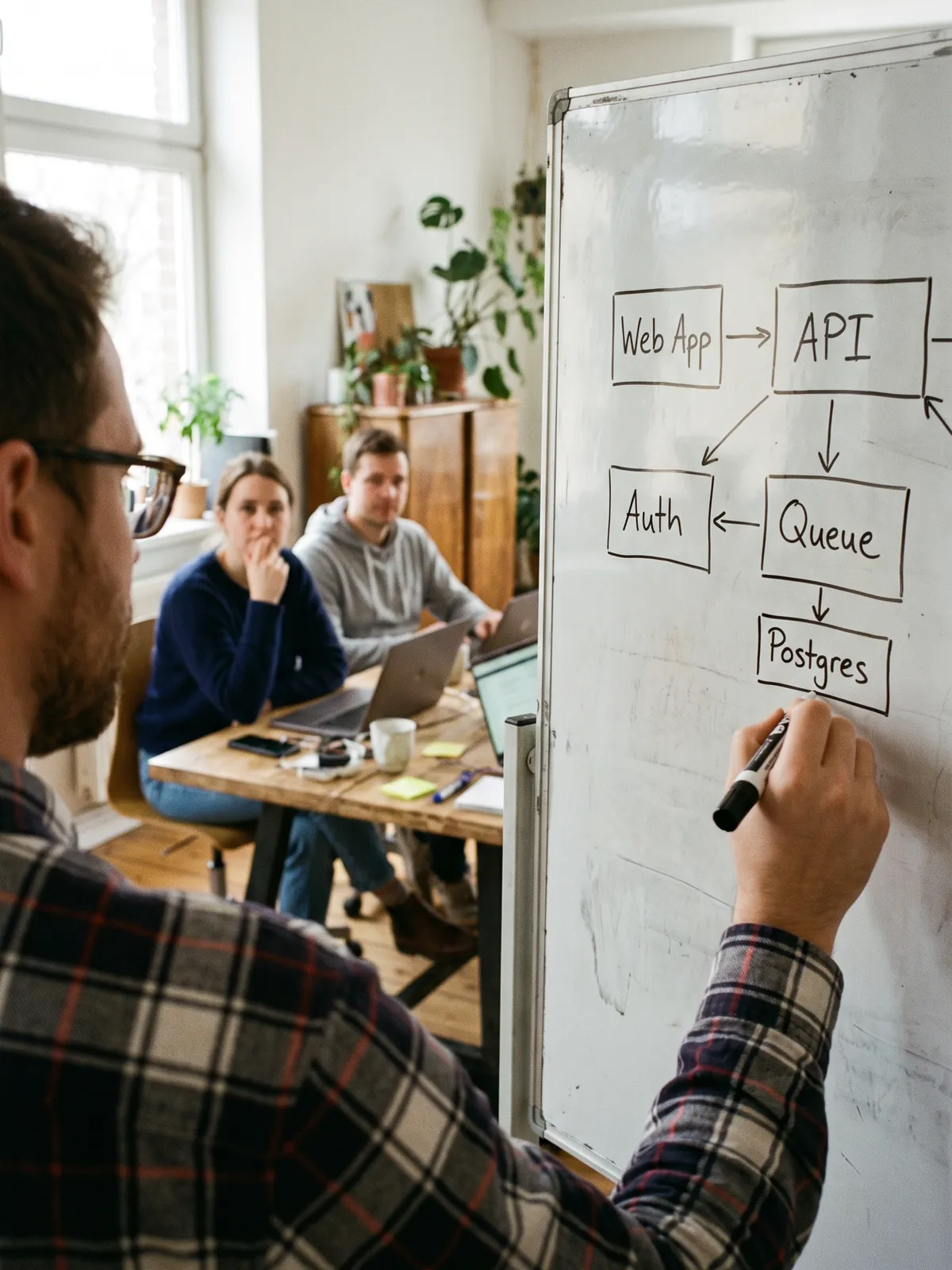 Developer sketching a system architecture on a whiteboard during a team session